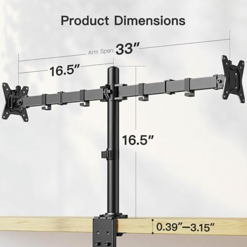 ErGear Dual Monitor Desk Mount for 13″–34″ Monitors up to 26.5 lbs, Fully Adjustable Monitor Stand Holds 2 Computer Screens, Heavy-Duty Dual Monitor Arm with C-Clamp & Grommet Base, Black, EGCM13B - color: Black, size: 13" - 34"