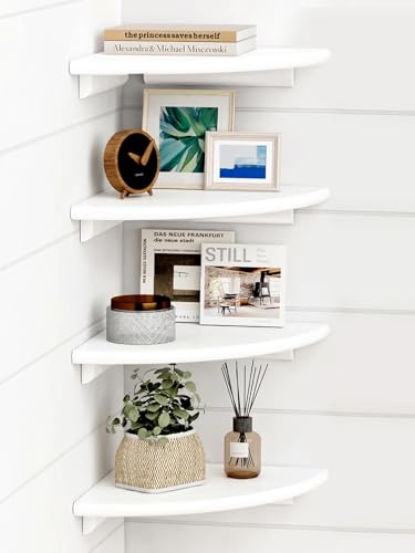 Forbena White Corner Floating Shelves for Wall Set of 4, Rounded Corner Shelves Wall Mounted for Kids Bedroom Books, Cute Wood Hanging Corner Shelf for Bathroom Decor, Living Room, Small Spaces - color: 1. White, size: 10" Depth