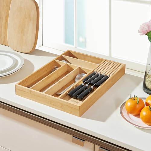 TIOPGHAD Small-Bamboo-Silverware-Drawer-Organizer, Expandable Utensil Kitchen Cutlery Tray Flatware Organization Adjustable Wood Tableware Dividers Storage (with Removable Knife Block)(Natural) - color: Natural, size: Medium