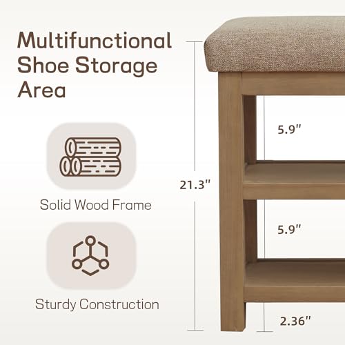 Zihanhome Shoe Rack Bench with Cushion, 2 Tier Solid Wood Storage Bench, Mid-Century Modern Shoe Bench for Entryway, Hallway, Closet, Front Door Entrance, Foyer (Brown, 46.5") - color: Brown, size: 46.5"