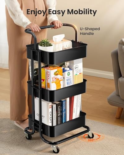 Pipishell 3 Tier Mesh Utility Cart, Rolling Metal Organization Cart with Handle and Lockable Wheels, Multifunctional Storage Shelves for Kitchen Living Room Office Black - color: Black, size: 3-Tier