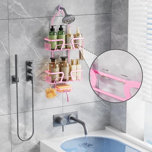 DAOYA Shower Caddy Hanging, Pink Over the Shower Head Caddy with Soap Holder, Bathroom Organizer with Hooks for Razors and Bath Sponges - color: Pink