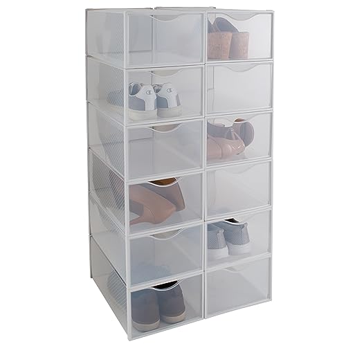 Simplify Set of 12 Stackable Shoe Boxes | Customizable | Fits Size 11 Shoes | Drop Front Design | Closet Storage | Sneakers | Heels | Clear and White - color: White