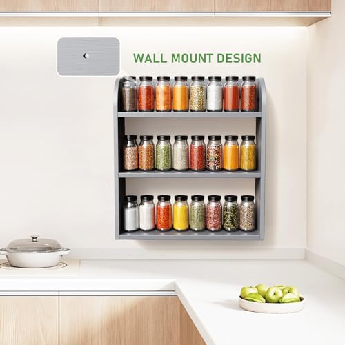 ROMGUAR CRAFT 3 Tier Bamboo Spice Rack, Countertop or Wall Mounting Wood Spice Jars Organizer Shelf for Kitche, Pantry (Grey) - color: Grey, size: 3 Tier