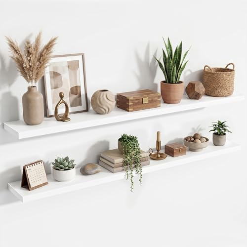 72 Inch Floating Shelves for Wall Set of 2,9.3" Deep Wall Shelves,Rustic Wood Wall Mounted Book Shelves with Invisible Brackets,Extra Long Floating Shelf for Living Room,Laundry Room,Bedroom,White - color: White, size: 72 Inch,Set of 2