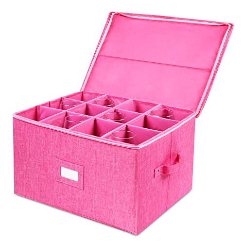 Stemware Storage Cases, Hard Shell Wine Glass Storage Box Containers with dividers for 12 Wine Glasses, Drinkware, Glassware or Crystal 17" x 13" x 10"H (Pink) - color: Pink