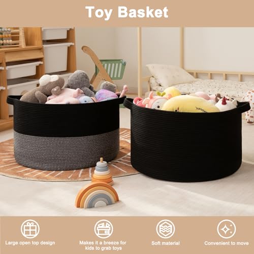 OIAHOMY 90L XXXLarge Blanket Basket for Living Room, 21.7" x 13.8" Woven Cotton Rope Laundry Basket for Organizing Pillows, Decorative Stuffed Animal Toy Storage Bin for Nursery, Black - color: Black, size: 21.7"D x 13.8"H