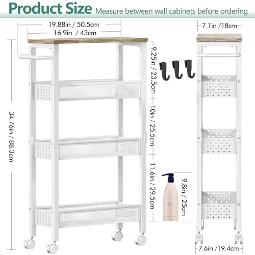 Vivihomety Utility Slim Storage Cart, 4 Tier Small Rolling Kitchen Laundry Room Cart with Wood Top, Metal Bathroom Storage Cabinet Mobile Shelf Unit Organizer Trolley with Handle for Narrow Space - color: White, size: 7.1 inch wide