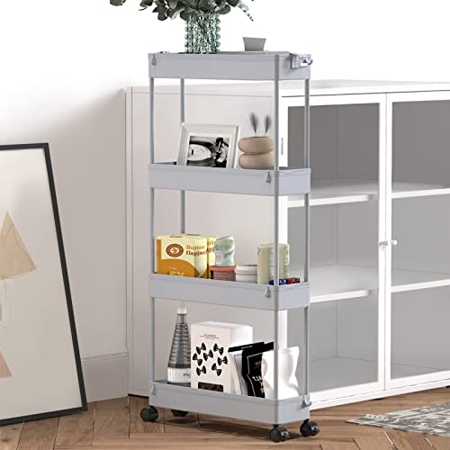 SPACELEAD Slim Storage Cart 4 Tier,Bathroom Organizer Rolling Utility,Mobile Shelving Unit Slide Out for Office, Kitchen, Laundry Room & Narrow Places,Gray - color: Grey