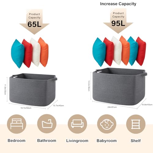 65L Cotton Rope Large Blanket Basket (19.7"x15.7"x11.8") for Living Room, Kids Room & Laundry, Storage Basket with Handle for Organizing Blankets, Pillows, Clothes & Toys, Dark Grey - color: Dark Grey, size: 19.7"x15.7"x11.8"