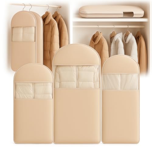 Space Saving Hanging Garment Bag with Self Compression Zipper, Suit Cover Bags, Heavy Duty Jackets & Parkas Storage, Dust Cover, Closet Organizer for Storage (Beige,3PCS(M+L+XL)) - color: Beige, size: 3PCS(M+L+XL)