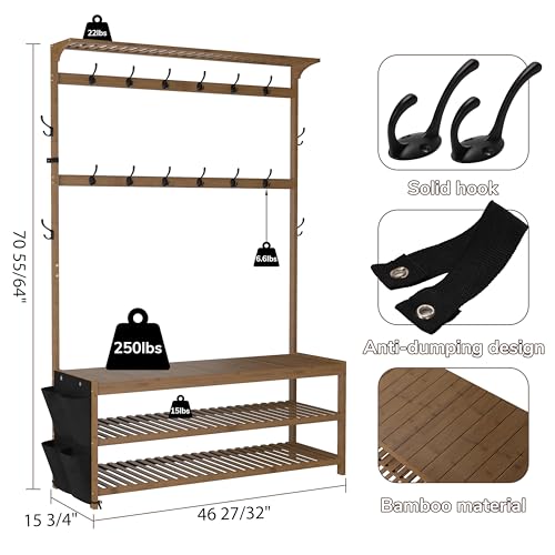 AMBIRD 6-in-1 Bamboo Hall Tree with Shoe Storage, Entryway Organizer Shoe Bench with 16 Coat Hooks and Cloth Bag, Sturdy Bamboo Storage Bench, 46 * 15 * 70 inches Brown - style: Classic, 47''L
