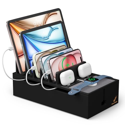Pezin & Hulin Natural Bamboo Cable Management Box, Wire Organizers for Cords, Charge Station Box, Desktop Dock Organizer Rack for Electronic Device (Include 6 Cables)(No Power Adapter) -Black - color: Black (No Charger)