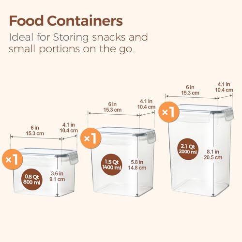 ComSaf Food Storage Containers with Lids Set of 3 (2L/2.1Qt) (1.4L/1.5Qt) (0.8L/0.8Qt), Airtight Food Storage Container, Plastic Canister Sets for Kitchen, Pantry Organizer for Sugar, Cereal and Snack - size: 2.1Qt/1.5Qt/0.8Qt-Rectangle