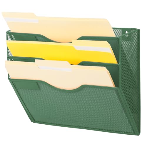EASEPRES 3 Pocket Mesh Hanging Wall File Organizer, Wall Mounted Mail Paper Document Folder Holder, Clipboard Storage Organization Magazine Rack with Nametag Label for Office Home School, Dark Green - color: Dark Green, size: 3 Tier