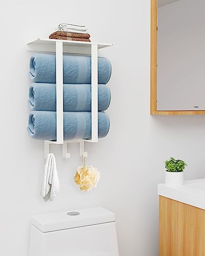 Towel Racks for Bathroom White, Bathroom Towel Rack with Shelf and 3 Hooks Wall Mounted, Towel Storage Rack for Small Bathroom - color: White, size: Square Tube