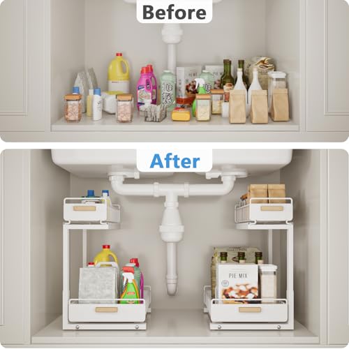Under Sink Organizer Kitchen - Upgraded Professional Rails, 2 Tier Dual Pull Out Cabinet Storage, Height Adjustable Under Sink Storage, Metal Sliding Drawer for Kitchen & Bathroom, White, 2 Pack - color: White-2 Pack, size: Double Layer