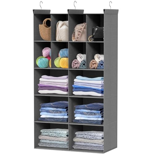 Ofiray-home 5 Tier Hanging Closet Organizer, 14 Compartments Sweater Organizer for Closet with 3 Sturdy Hooks, Closet Organizers and Storage, Wardrobe, Rv, Garment Rack, Grey - color: Grey, size: 5-Tier