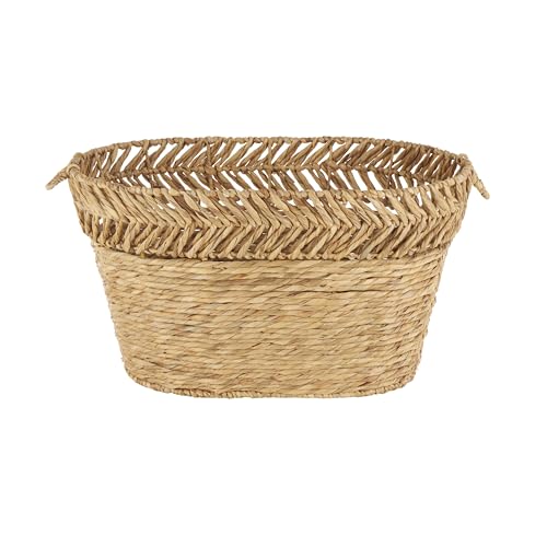 Deco 79 Seagrass Handmade Decorative and Functional Storage Basket Large Woven Oval Basket Organizer with Zig Zag Patterned Rim, Basket for Storage 30" x 20" x 17", Brown - size: 30" x 20" x 17"