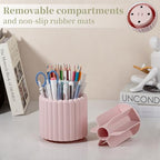 Anyoifax 360° Rotating Pen Holder 7 Slots Desk Organizer Removable Pencil Cup Plastic Art Supplies and Accessories Desktop Storage Box Caddy for Office, School, Home (Pink) - style: Stripe Pink