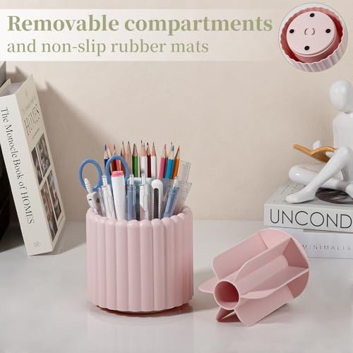 Anyoifax 360° Rotating Pen Holder 7 Slots Desk Organizer Removable Pencil Cup Plastic Art Supplies and Accessories Desktop Storage Box Caddy for Office, School, Home (Pink) - style: Stripe Pink