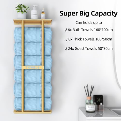 STWWO Bathroom Towel Storage Rack for Bathroom, 30 inch Towel Racks Wall Mounted with Shelf Can Holds 6 Large Towels, Wall Towel Rack for Rolled Towels, Gold - color: Gold, size: 30 IN