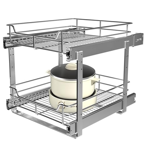 JOWBOOW 2-Tier Pull Out Cabinet Organizer (17.5" W x 22" D), Pull Out Shelves and Drawer for Kitchen Pantry Storage Basket, Heavy-Duty Metal Sliding Shelf, Chrome Finish - size: 17.5 x 22 Inch