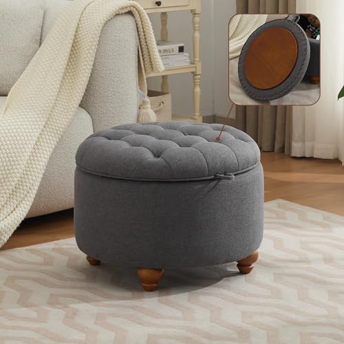 WUTUTUEE 24Inch Round Storage Ottoman with Tray, Modern Tufted Fabric Circle Coffee Table with Storage, Upholstered Ottoman with Removable Top for Living Room, Bedroom, Dark Grey - color: Dark Grey, size: 24 Inch