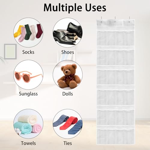 24 Pockets Over the Door Shoe Organizer, Large Hanging Shoe Rack for Door, Mesh Pocket for Closet with 3 Metal Hooks, Jewelry Organizer Holder for Sneakers Men Women Bedroom (White) - color: white