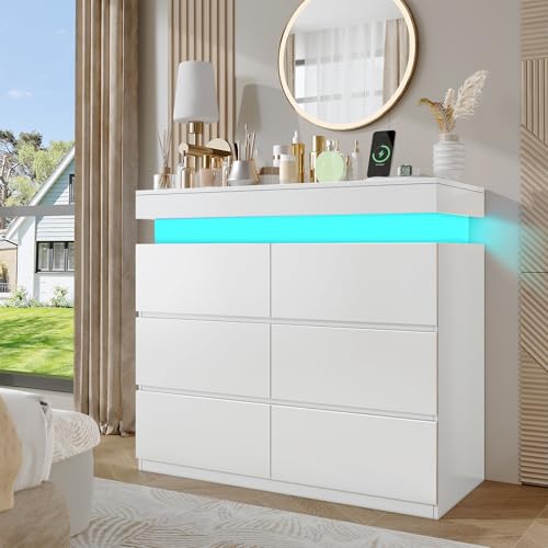 DreamDashio Modern 6 Drawer Dresser with Flip-Top Storage, Chest of Drawers for Closet with Floating LED Lights & Charging Station, Double Wide Drawer Organizer Cabinet for Bedroom, Living Room, White - color: White