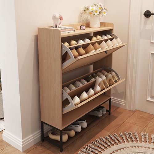 AVZEAR Narrow Shoe Storage Cabinet for Entryway with 2 Flip Drawers, Freestanding Shoe Cabinet with Natural Linen Panel, Slim Wood Shoe Organizer Closed Shoe Rack for Hallway, Foyer, Natural - color: Natural, size: 2 Drawers