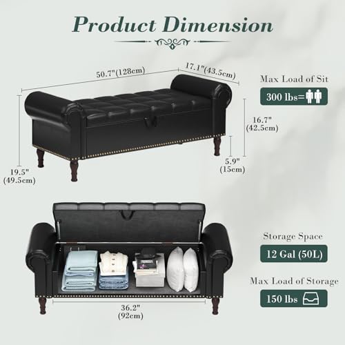 Apicizon 51” Bench with Storage, Queen Size Faux Leather End of Bed Bench with Tufted Button, Ottoman Bench with Rolled Arms & Vintage Rivets for Foot of Bed, Living Room, Entrance, Black - color: Black, size: 51 Inches