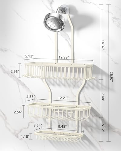 Shower Caddy Hanging - Never Rust Shower Hanging Organizer - Aluminum Over the ShowerHead Caddy with Soap Basket and 6 Hooks for Razor/Sponge (Milky White) - color: Milky White