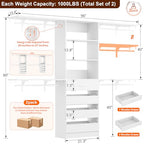 Aheaplus Closet System with Drawers Set of 2, Wood Closet Organizer System with 8 Hanging Rods & Top Shelves, Walk-in Closets Organizer Wardrobe Clothes Rack System, Cut Fits Spaces 4-9FT. Wide, White - color: White-2Sets