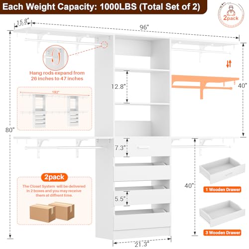 Aheaplus Closet System with Drawers Set of 2, Wood Closet Organizer System with 8 Hanging Rods & Top Shelves, Walk-in Closets Organizer Wardrobe Clothes Rack System, Cut Fits Spaces 4-9FT. Wide, White - color: White-2Sets