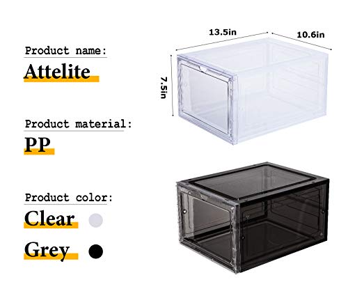 Attelite Shoe Box,Set of 6,Stackable Plastic Clear Shoe Box Organizer with Magnetic Door,Shoe Storage Box Thicken Sturdy,Easy Assembly,Fit up to US Size 12,Black - color: Clear Black, size: XL-6-pcs