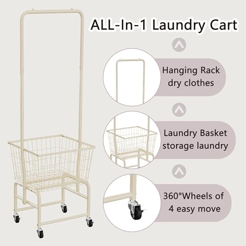 Rolling Laundry Cart with Wheels, Laundry Hamper Basket Organizer with Clothes Hanging Rack, Wire Storage Cloth Shelf Butler, Cream - color: Cream