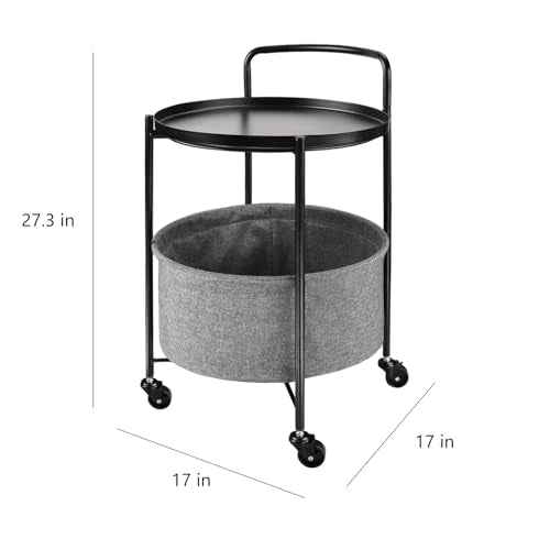 Round Metal Side Table with 2 Tiers of Storage and Wheels, Cart Side Table Tray for Living Room, Bedroom, Black - color: Black