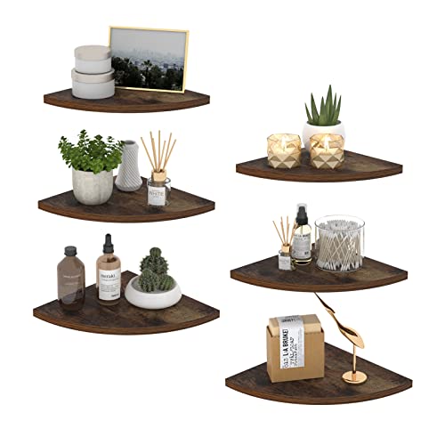 HORLIMER 6 Pack Wall Mount Floating Corner Shelf, Rustic Wood Corner Wall Shelves for Bedroom, Living Room, Bathroom, Kitchen - color: Brown, size: Fan-Shaped