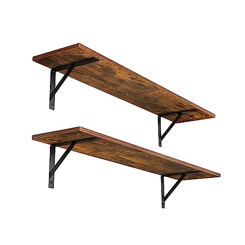 DINZI LVJ Long Wall Shelves, 31.5 Inch Wall Mounted Shelves Set of 2, Easy-to-Install, Wall Storage Ledges with Sturdy Metal Brackets for Living Room, Bathroom, Bedroom, Kitchen, Rustic Brown - color: Rustic Brown, size: 31.5 Inch