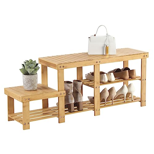 SONGMICS 2-Tier Shoe Bench Boot Organizing Rack Entryway Storage Shelf with High and Low Levels for Adult and Child Bamboo LBS120N - color: Light Bamboo, size: 11.1"D x 44.1"W x 17.7"H
