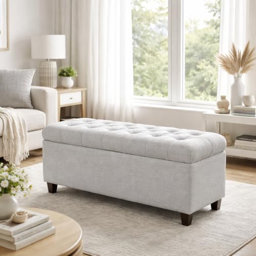 Homepop Home Decor Tufted Ainsley Button Storage Ottoman Bench with Hinged Lid Ottoman Bench with Storage for Living Room & Bedroom, Light Blue 18x40x18 Inches - color: Light Blue