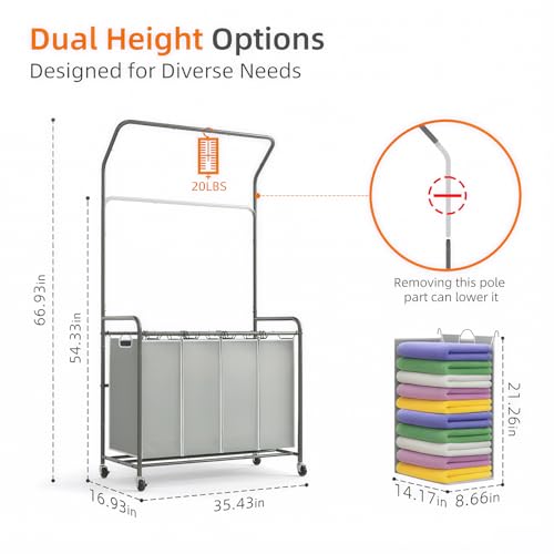 ROMOON Laundry Hamper Sorter Cart: 4 Section Organizer with Hanging Bar and Heavy-duty Lockable Wheels | 180L Rolling Laundry Basket with Clothes Rack in Laundry Room or Small Spaces (Grey) - color: grey