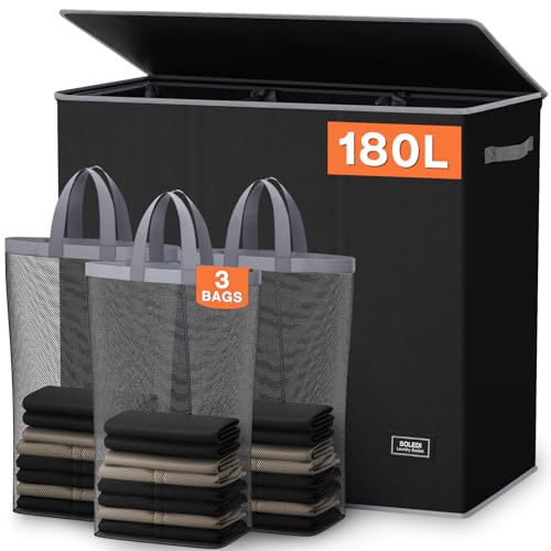 SOLEDI 180L Laundry Hamper 3 Section, Extra Large Laundry Hamper with Lid, Dirty Clothes Hamper with Sturdy Handle, Large Laundry Basket Organizer for Laundry Room, Bedroom, Hampers for Laundry - color: Black, size: 180L