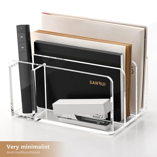SANRUI Acrylic Mail Organizer, 3 Compartments Clear File Holder for Desk, Letter Sorter with Pen Holder, Countertop Document Sorter for Notebooks, Bills & Eyeshadow Palettes - style: 3 Sections with Pen Holder