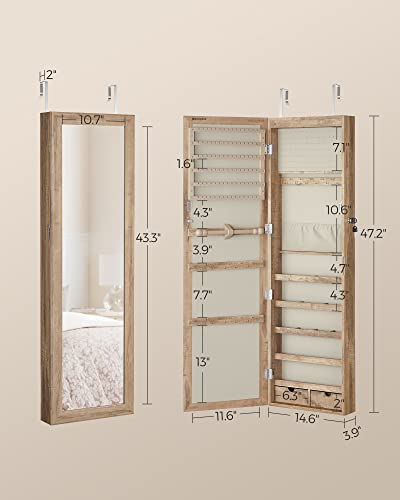 SONGMICS 6 LEDs Mirror Jewelry Cabinet, 47.2-Inch Tall Lockable Wall or Door Mounted Jewelry Armoire Organizer with Mirror, 2 Drawers, 3.9 x 14.6 x 47.2 Inches, Toasted Oak Color UJJC093N01 - color: Toasted Oak Color