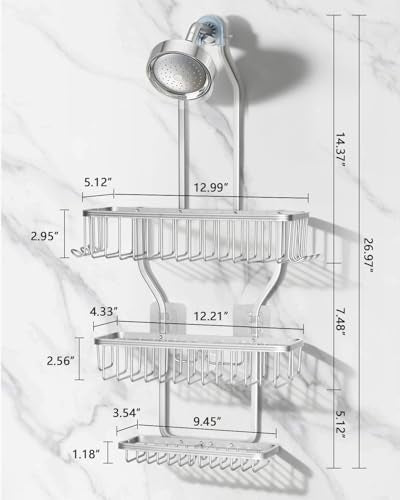 Shower Caddy Hanging - Never Rust Shower Hanging Organizer - Aluminum Over the ShowerHead Caddy with Soap Basket and 6 Hooks for Razor/Sponge (Frosted Silver) - color: Shiny Silver