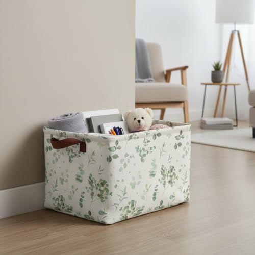 Sage Green Storage Basket Waterproof Canvas Toy Storage Bin Home Decor Collapsible Outdoor Basket with Leather Handles Sage Green Blanket Baskets For Closets,Bedrooms,Gifts Baskets - color: Sage Green