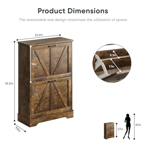 Smart FENDEE Shoe Cabinet, Shoe Storage Cabinet for Entryway with 2 Flip Drawers, Narrow Farmhouse Shoe Organizer Cabinet, Slim Shoe Rack Cabinet, 23.6in Rustic Brown - color: Rustic Brown, size: Width - 23.6 inches