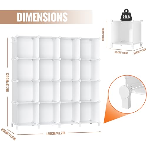 Neprock 16 Cubby Storage Organizer, Closet Clothes Storage Organizer, Cube Shelves Closet Organizers and Storage Shelves for Clothing Storage with Hammer, Bookshelf for Kids (White) - color: White